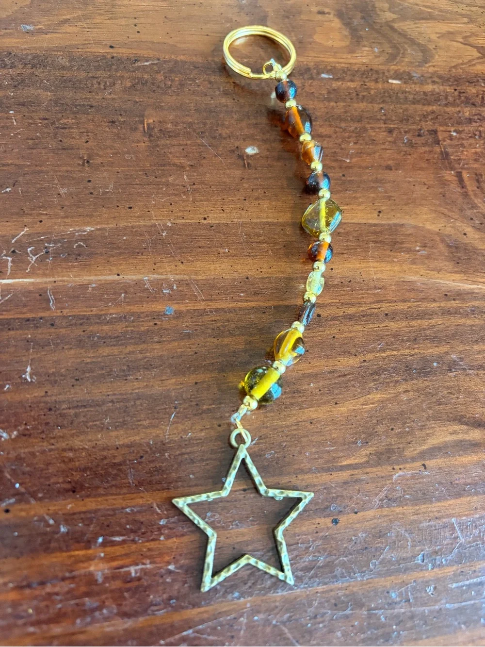Gold Star Bead Dangle Keychain - Amber Bead Accent